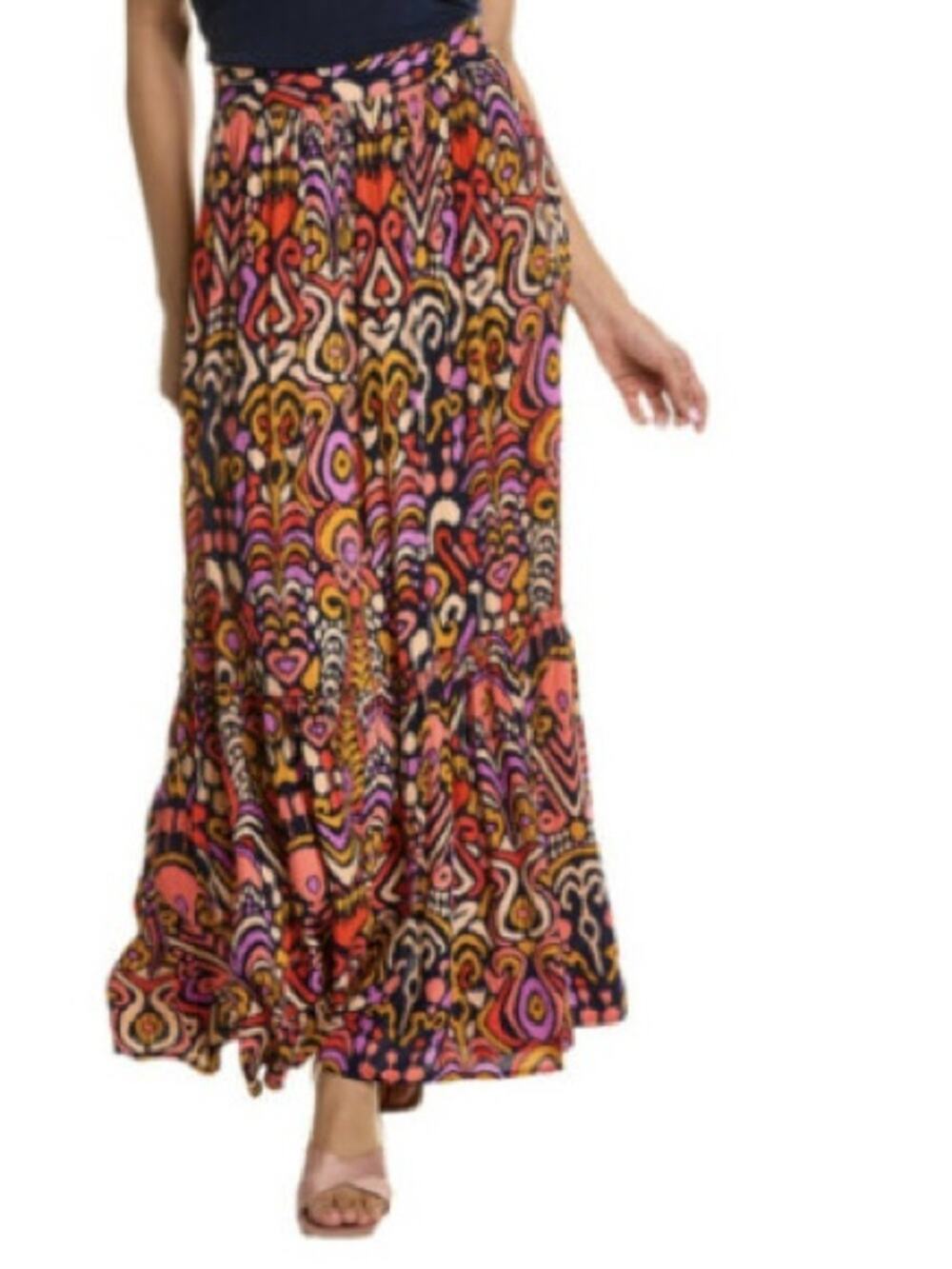 Boden Grace Crinkle Maxi Skirt Tiered Vacation Tropical Ikat Exotic Boho